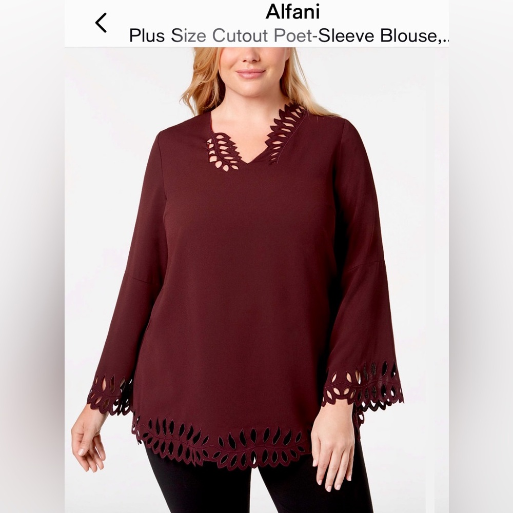 Alfani/Macy’s gorgeous burgundy  tunic with asymmetrical cutouts on neckline.